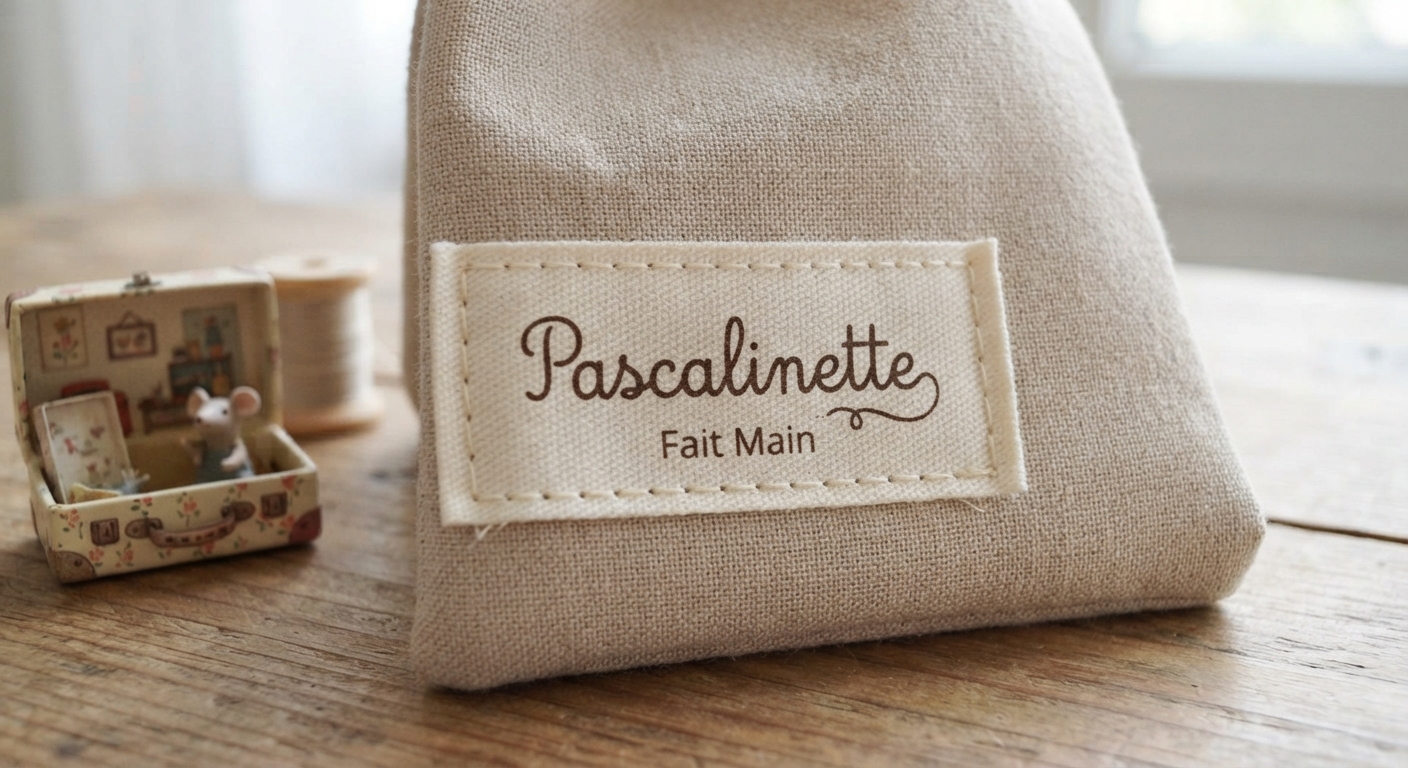 Étiquette Pascalinette fait main cousue sur une création en lin